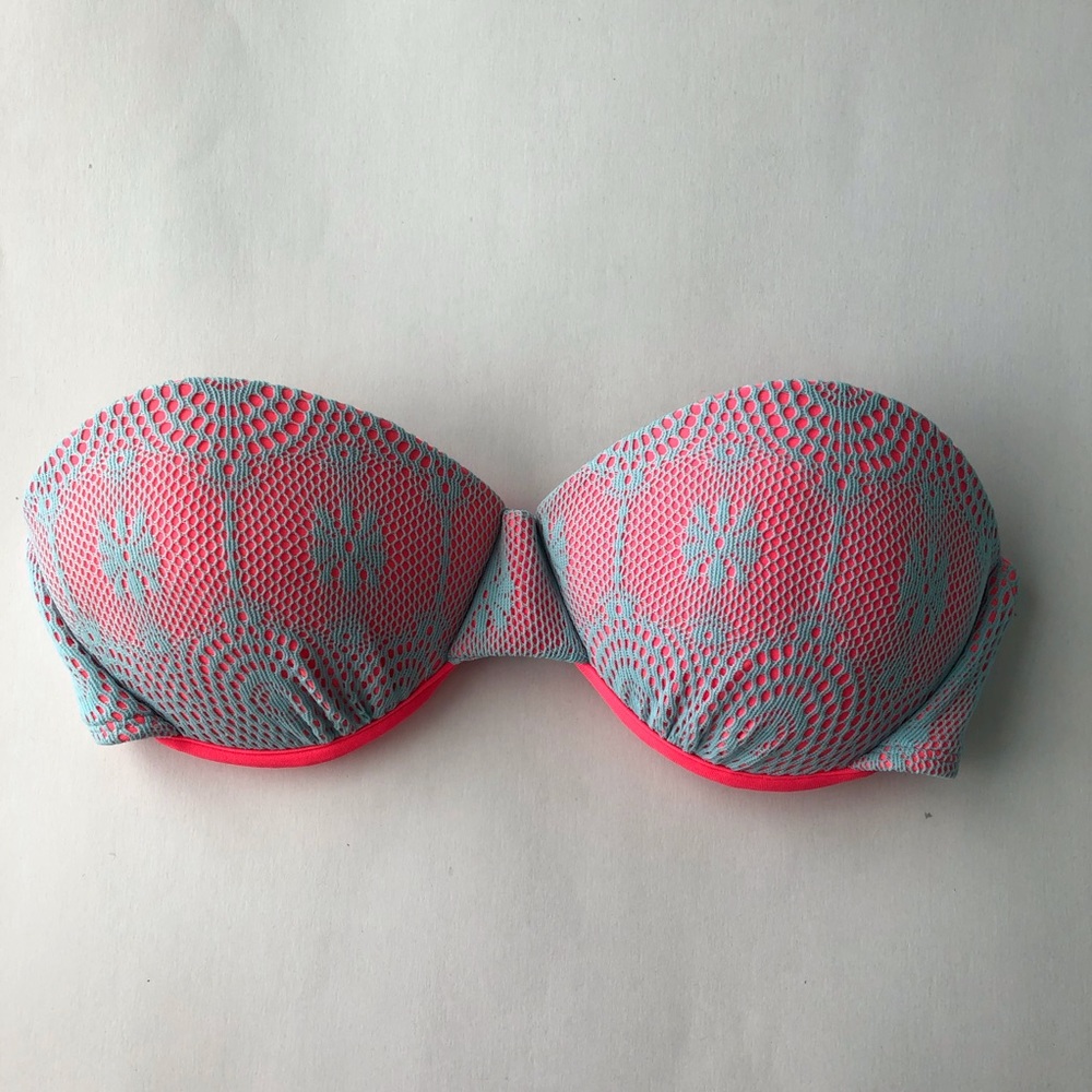 XHILARATION Neon Coral Grey Lace Push up Bikini Top with Removable Straps Size M